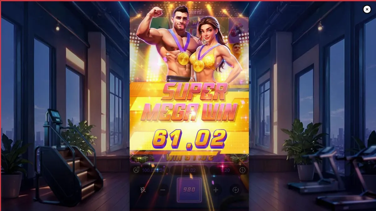 Tangkapan layar permainan slot Mighty Mania dengan tema kebugaran dan karakter atlet