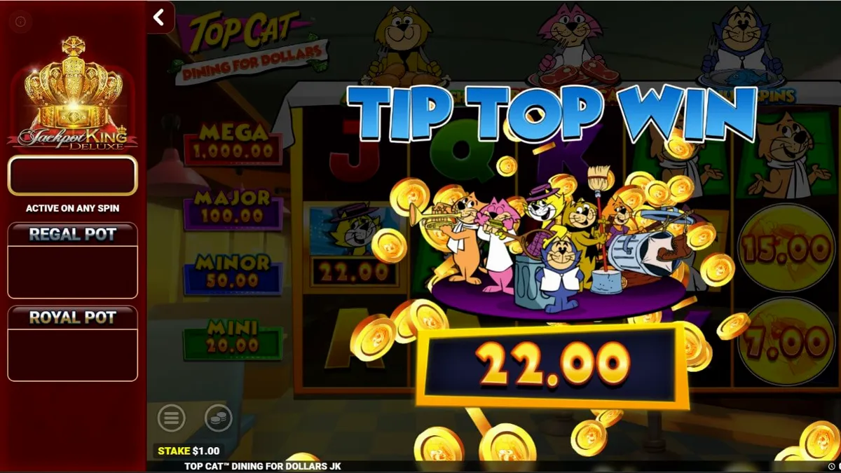 Tampilan visual slot Top Cat Dining For Dollars dengan karakter kucing ikonik di latar belakang diner retro.